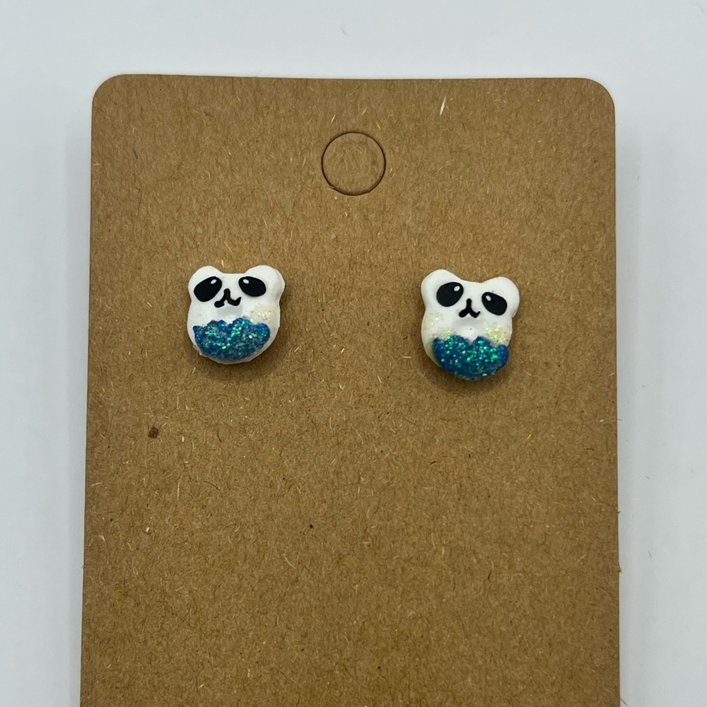 White black and blue panda donut stud earrings